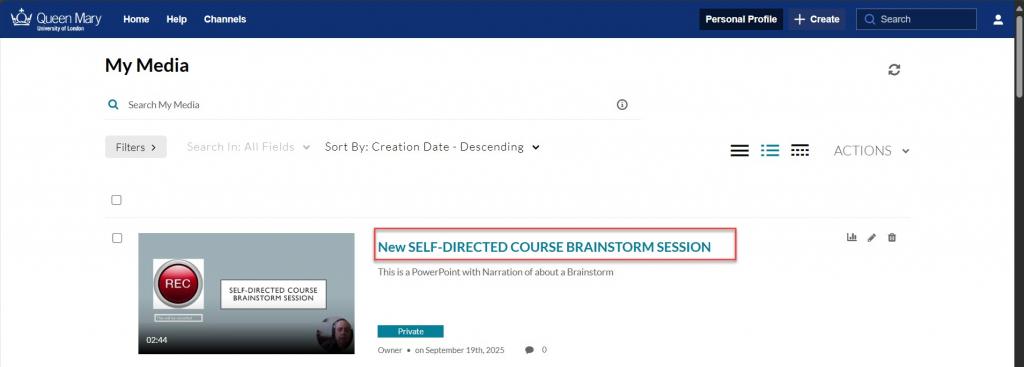 Course video name highlighted